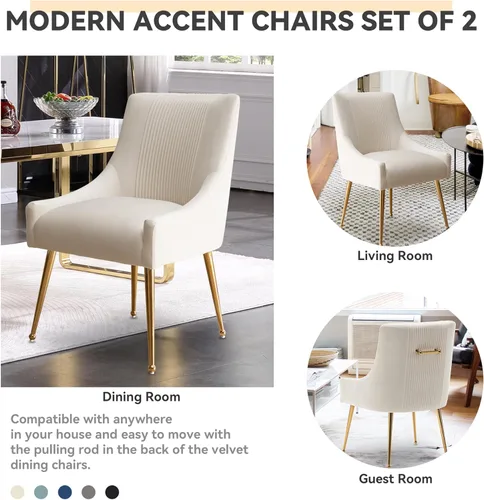 Miniatura 5 de Sillas de comedor modernas, sillas de comedor tapizadas en terciopelo con patas doradas, juego de 2 sillas de acento con capitoné para sala de Beige