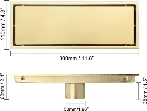 Miniatura 6 de Tubo de drenaje de ducha lineal de 12 pulgadas, oro cepillado, con rejilla de inserción de azulejos, cubierta oculta desmontable, drenaje