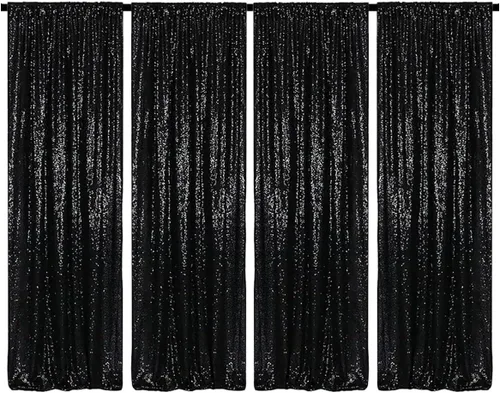 Cortinas de Fondo de Lentejuelas Negras 4 Paneles 2FTx8FT Telón de Fondo para Fotos de Boda con Purpurina Cortinas de Fiestas de Cumpleaños y Oro