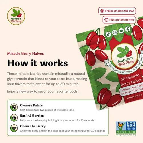 Miniatura 6 de Nature's Wild Berry Miracle Berries – 50 mitades de bayas que cambian de sabor Paquete de recarga resellable Liofilizadas en Estados Unidos