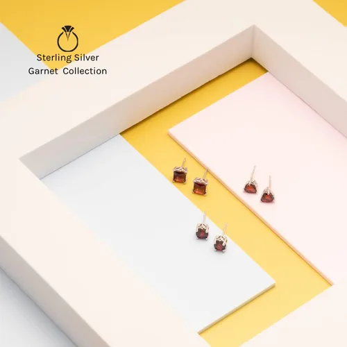 Miniatura 6 de Peora Aretes de plata de ley 925 de granate, galería de desplazamiento solitario, piedra natal de piedras preciosas naturales, 2 quilates total