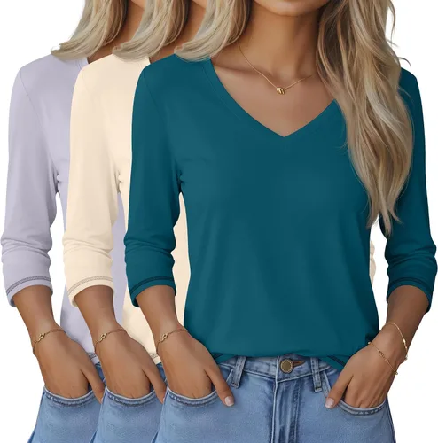 Miniatura 36 de Ficerd Paquete de 3 camisetas de manga 3/4 para mujer, cuello en V, blusas holgadas, blusas casuales, ropa de moda 2026