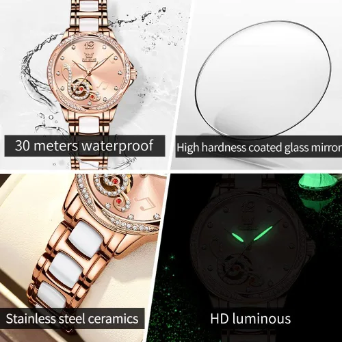 Miniatura 5 de OLEVS Relojes para mujer, de cuerda automática, oro rosa, diamante, reloj de pulsera mecánico automático, acero inoxidable, dos tonos, pulsera