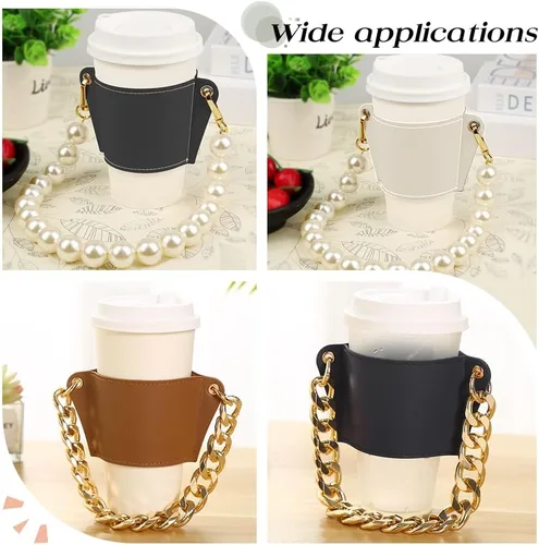 Miniatura 5 de WADORN Funda reutilizable de piel sintética con asa de perla, soporte portátil para taza de café con cadena extraíble para taza de bebidas Negro