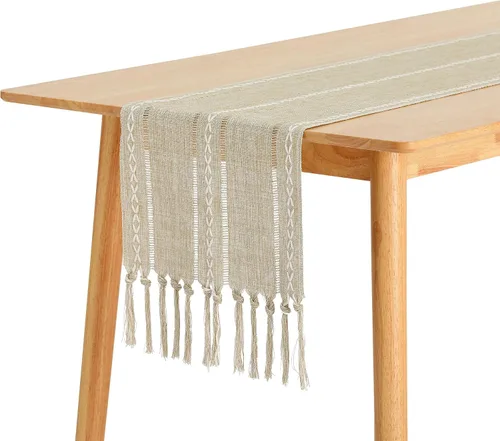 Miniatura 7 de uxcell Paquete de 1 camino de mesa rústico, caminos de mesa de granja con borlas, camino de mesa rústico para comedor, fiesta, boda, 13 x 63 Beige