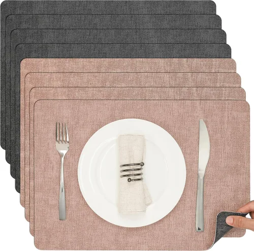 Miniatura 11 de Myir JUN Juego de 6 manteles individuales de doble cara, de piel sintética, para interiores, para mesa de comedor, exteriores, cuadrados, Negro