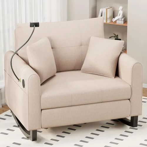 Miniatura 10 de HOMREST Mecedora Tapizada de Gran Tamaño, Mecedora para Guardería con Respaldo Alto y Bolsillo Lateral con Puerto USB, Sillón Oscilante Doble Ancho