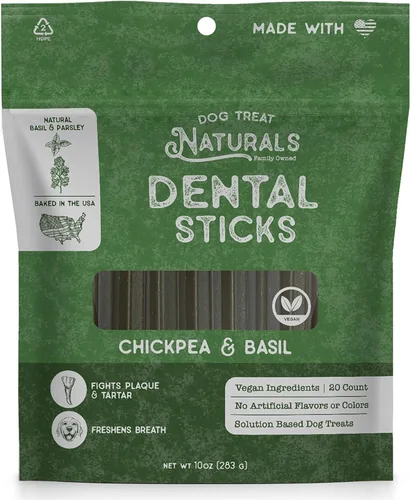 Dog Treat Naturals Palitos dentales de garbanzos y albahaca de 10 onzas, 20 unidades | Golosinas dentales masticables para perros pequeños, medianos