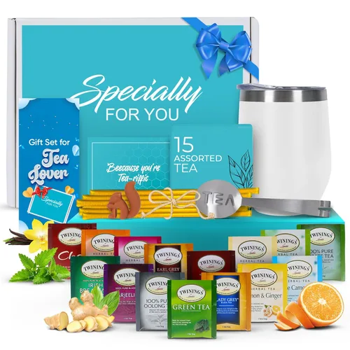 Miniatura 20 de Juego de regalo de té para mujeres y hombres – Elegante juego de té para mujer con 15 tés únicos, vaso de acero inoxidable y 10 pajitas de miel