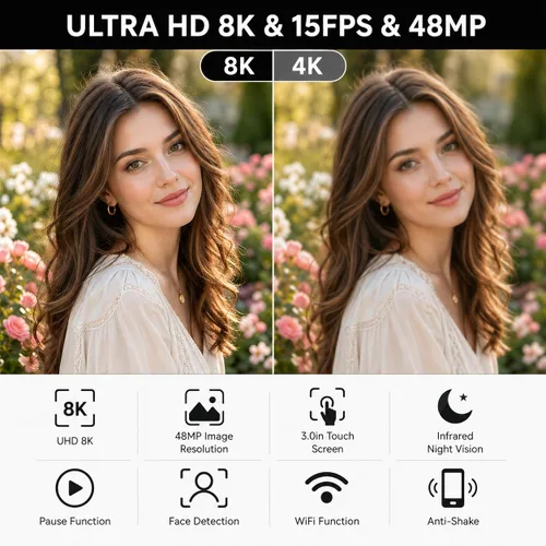 Miniatura 4 de Videocámara, videocámara 8K de 48 MP 15FPS UHD con Wi-Fi, cámara para vlogging con visión nocturna IR para YouTube, pantalla táctil de 3" con zoom