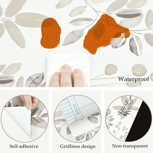 Miniatura 5 de Caltero Papel tapiz floral beige para despegar y pegar, papel tapiz de hojas de eucalipto de oliva de 17.3 pulgadas, 98.4 pies, papel de contacto