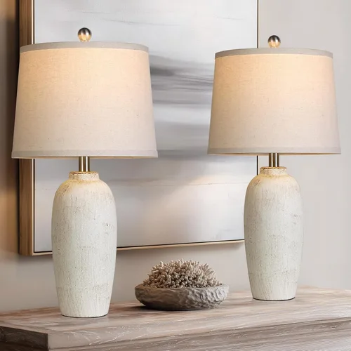 Juego de 2 lámparas de mesa en tarro de cerámica de 25 pulgadas para dormitorio, lámparas de mesita de noche beige para sala de estar
