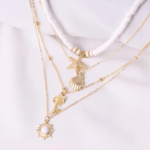Miniatura 5 de Juego de collares en capas para mujeres y niñas, collares bohemios en capas doradas, collar con colgante de concha marina de festoneada, joyería