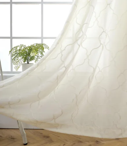 Miniatura 21 de Miuco, cortinas de imitación de lino con bordado marroquí, semitransparentes, con ojales para salón o dormitorio