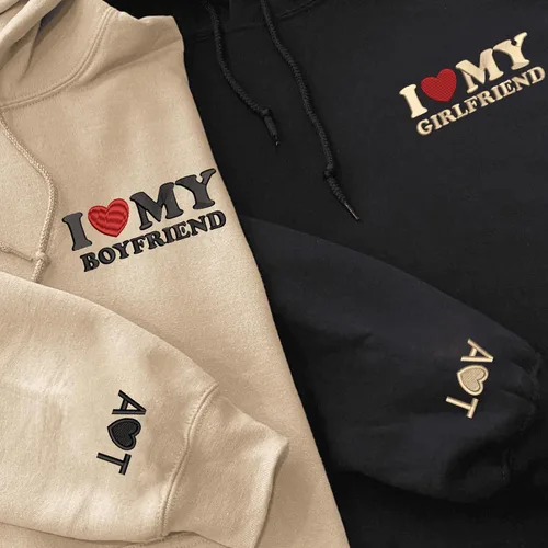Miniatura 2 de Sudadera bordada personalizada con texto en inglés "I Love My Girl Friend and Boyfriend" y sudadera con capucha con nombres para parejas en la manga