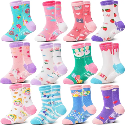 Welwoos Calcetines de algodón transpirable para bebés y niñas pequeñas, 12 pares de calcetines antideslizantes antideslizantes de animales