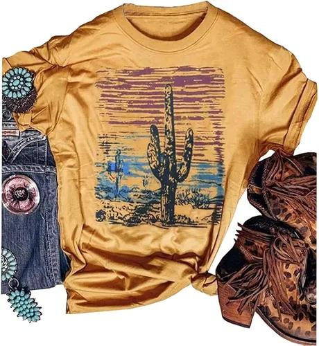 Camiseta de cactus del desierto occidental para mujer estilo vintage retro con estampado de cactus al atardecer blusa casual de vaquera camisetas