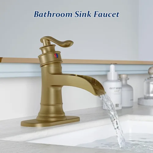 Miniatura 7 de BWE - Grifo de baño antiguo de latón, de un agujero, estilo cascada, con montaje de drenaje emergente y manguera de suministro, grifo rústico