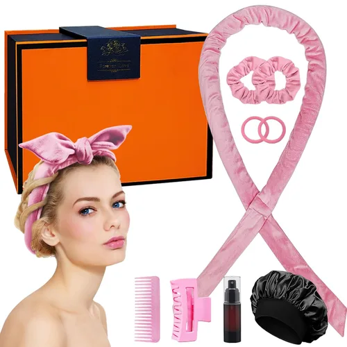 Diadema rizadora extra larga sin calor durante la noche para cabello largo, sin rizadores de calor para dormir (caja de regalo rosa)