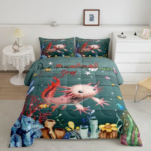 Miniatura 19 de Erosebridal Juego de edredón de ajolote rosa Kawaii Walking Fish para niños, edredón de reptil de criatura bajo el mar, arrecife de coral