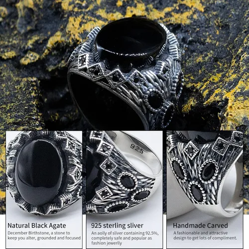 Miniatura 2 de SKOOMEN Anillo para hombre en plata de ley, anillo de ónix para hombre con caja de regalo, anillo Aqeeq para hombre, anillo grande hecho a mano