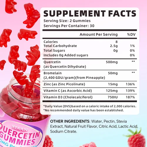 Miniatura 2 de Gomitas de quercetina de 500 mg para niños y adultos, suplementos de quercetina orgánica con bromelina, zinc, vitamina C y D3, antioxidante y salud