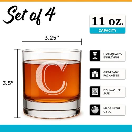 Miniatura 3 de On The Rox Drinks (C-Monogram) - Juego de 4 vasos de 11 onzas, grabados, con base pesada Rocks Elegantes, multiusos, vasos de bebidas Rocks - Regalo
