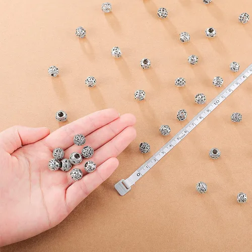 Miniatura 5 de 40 piezas de cuentas espaciadoras de tono plateado, cuentas huecas de aleación tibetana de filigrana de 10 mm, cuentas metálicas pequeñas