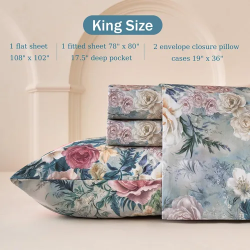 Miniatura 4 de Juego de sábanas de cama floral azul 100% algodón percal tamaño King, diseño vintage chic shabby, con patrón de peonía, ropa de cama suave y Monet