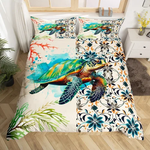 Juego de funda de edredón de tortuga marina para niños, niñas, adolescentes, decoración de habitación, reptil, tortuga, juego de funda de edredón