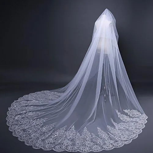 Miniatura 2 de Velo de novia para mujer, 2 niveles, largo, velo, catedral, con peine, encaje con diamantes, vestido largo de graduación, velo de boda nupcial