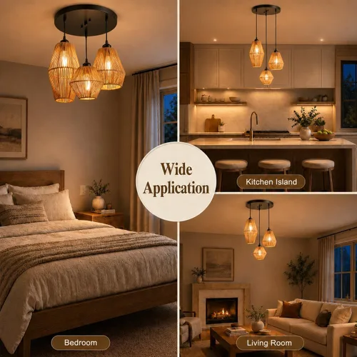 Miniatura 8 de Lámpara colgante de ratán de 3 luces, candelabro bohemio tejido a mano, lámpara colgante de mimbre, lámpara de cocina y comedor sobre mesa, luz