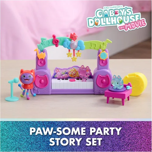 Miniatura 2 de DreamWorks Gabby's Dollhouse La Película, Set de Historia de Fiesta Paw-Some con DJ Catnip, 2 Figuras de Juguete Eraser Cat y Accesorios, Juguetes