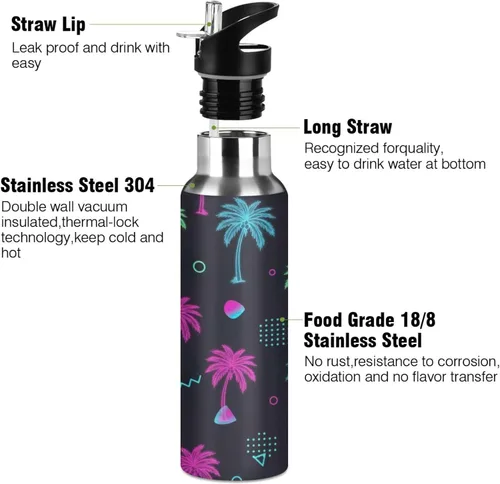 Miniatura 3 de Insulated Stainless Steel Water Bottle with Straw 20 Oz, Leakproof Water Bottles for Gym Outdoor Travel School, Tropical Palm Trees Neon
