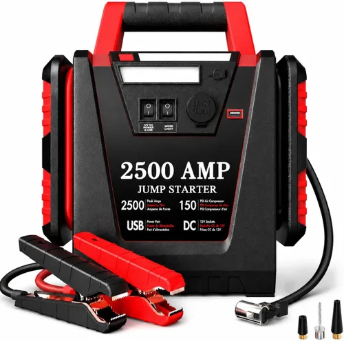 Arrancador con compresor de aire, arrancador de batería de coche de 2000A, inflador de neumáticos de 260 PSI, amplificador de batería de plomo-ácido