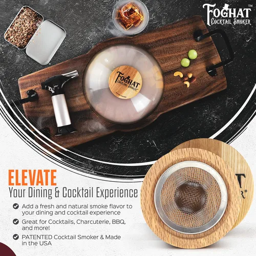 Miniatura 3 de Foghat - Juego de charcutería para ahumar cóctel con Cloche, tabla, barril de whisky bourbon, roble culinario, virutas de madera y antorcha