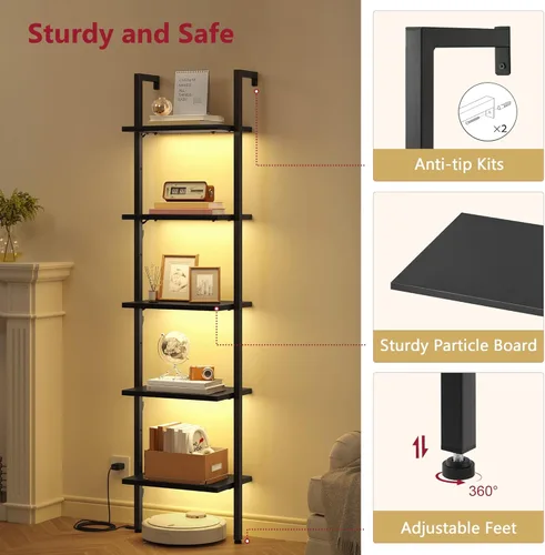 Miniatura 5 de Tajsoon Estante de escalera de 5 niveles con luz, estante de madera para libros montado en la pared, estantería de escalera con marco de metal