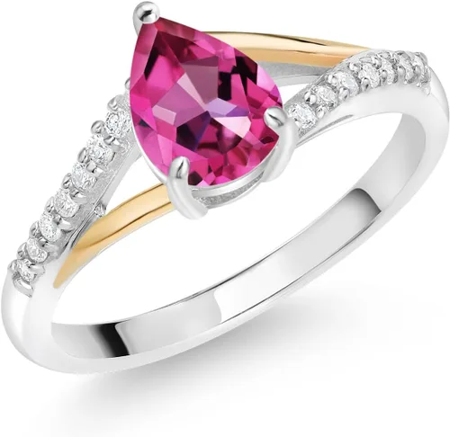 Miniatura 19 de Gem Stone King Anillo de compromiso de plata 925 y oro amarillo de 10 quilates, piedra natal con forma de pera de 0.315 x 0.236 in y diamantes