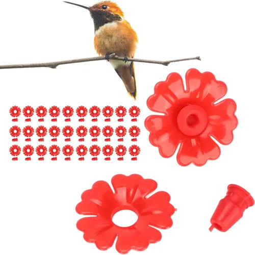 Miniatura 3 de TOPINCN Comedero para colibríes, 30 juegos de flores de plástico para colgar puertos de alimentación de pájaros, piezas de repuesto, suministros