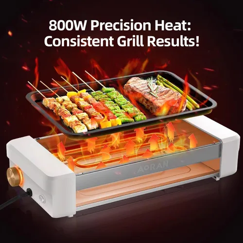 Miniatura 6 de AORAN - Parrilla eléctrica para interiores sin humo, parrilla de encimera de 800 W con platos de cocina antiadherentes extraíbles y estante