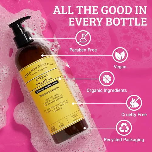 Miniatura 5 de Pharmacopia Champú cítrico – Cuidado natural del cabello con ingredientes vegetales y orgánicos aloe vera, aceite de jojoba, aceite de coco