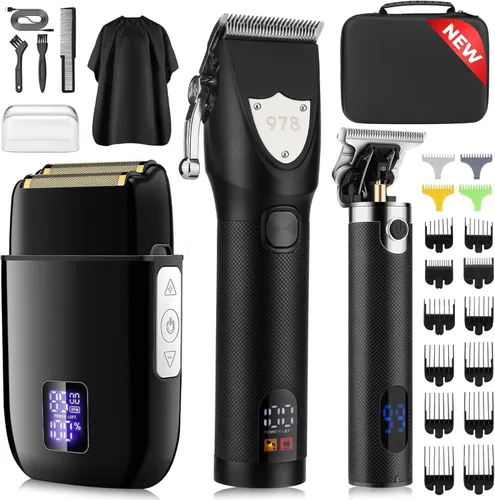 Suttik Juego de cortapelos profesional para hombres, kit de peluquería y recortadora, afeitadoras eléctricas de aluminio para hombres con estuche de