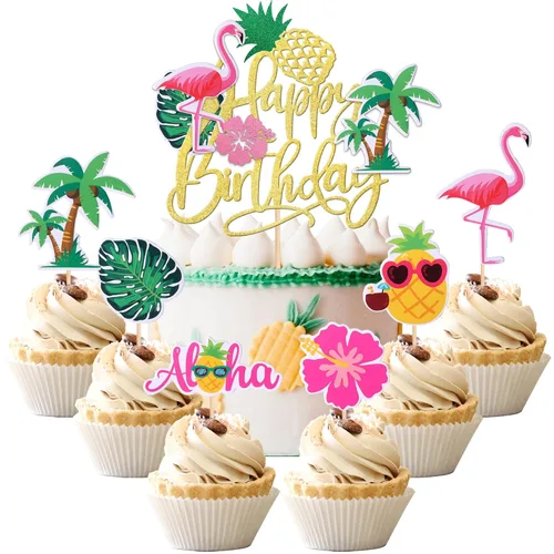 Miniatura 15 de 1 pieza de decoración de pastel de feliz cumpleaños Moana con purpurina de hoja de palma, flor de moana, selección de pastel tropical hawaiano Luau