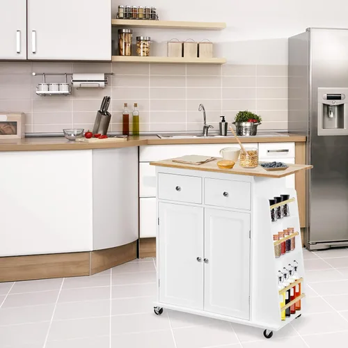 Miniatura 9 de COSTWAY Isla de cocina sobre ruedas, carrito utilitario con estante ajustable, 2 cajones, estante de especias de 3 niveles, toallero, gabinete de 2