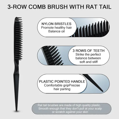 Miniatura 2 de SIMPOR Peine de pelo de 3 filas para desenredar natural, cepillo de peinado de pelo, cerdas de nailon, destrenzar, peine de cola de rata
