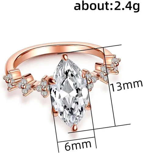 Miniatura 3 de Anillo de compromiso chapado en oro rosa con circonita cúbica transparente de corte marquesa para mujer, anillo de boda con halo de diamantes