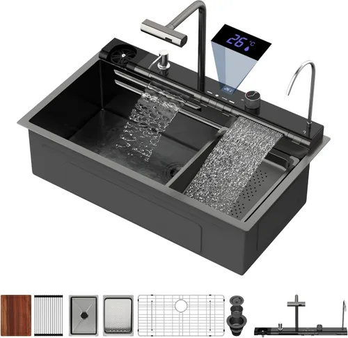 Miniatura 29 de Logmey Fregadero de cocina negro 33x22 empotrable, estación de trabajo de fregadero de cocina, SUS304 calibre 16 acero inoxidable, tazón individual