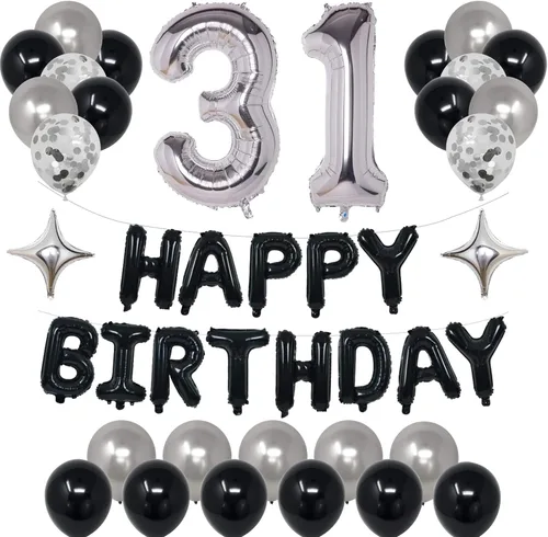 Miniatura 16 de Decoraciones de fiesta de cumpleaños color negro y plateado para niños y niñas, suministros de fiesta de cumpleaños número 14 con pancarta negra