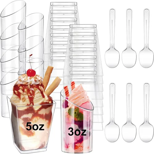 Miniatura 10 de Funtery Paquete de 300 mini tazas de postre de 5 onzas con cucharas, tazas reutilizables de plástico transparente para yogur y aperitivos