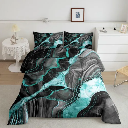 Miniatura 29 de Juego de edredón de mármol negro individual, ropa de cama dorada agrietada para adultos, hombres y mujeres, juegos de edredón de textura metálica